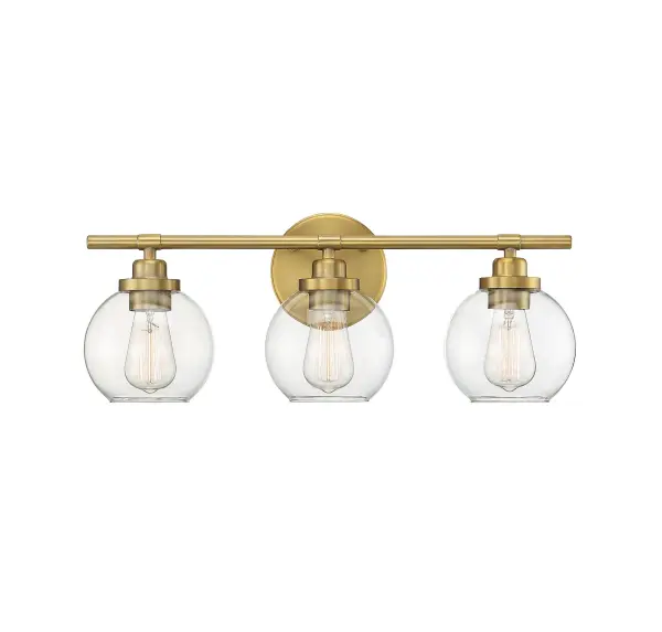 The Carson bath bar combines retro-inspired fishbowl glass shades with warm brass finish for a sophisticated mid-century look. Its 22.5-inch width makes it ideal for standard vanities, while the open-bottom shades simplify bulb replacement. - alternate view