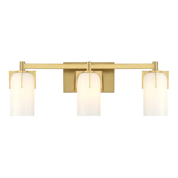 The Caldwell bath bar combines Art Deco glamour with modern functionality. Dramatic prong details in warm brass create a jewelry-inspired aesthetic, while etched opal glass provides soft, flattering illumination perfect for vanity tasks.
