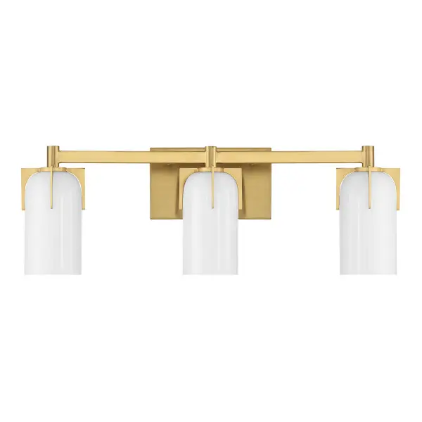 The Caldwell bath bar combines Art Deco glamour with modern functionality. Dramatic prong details in warm brass create a jewelry-inspired aesthetic, while etched opal glass provides soft, flattering illumination perfect for vanity tasks. - alternate view