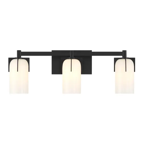 The Caldwell 3-light vanity brings vintage charm with modern sophistication. Etched white opal glass shades held by distinctive prong details create visual interest, while the matte black finish adds contemporary edge.