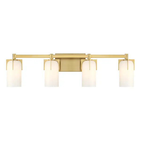 The Caldwell bath bar combines Art Deco-inspired jewelry-like prongs with warm brass finish and etched opal glass for a sophisticated vintage aesthetic. At 32 inches wide, it's perfectly sized for double vanities.