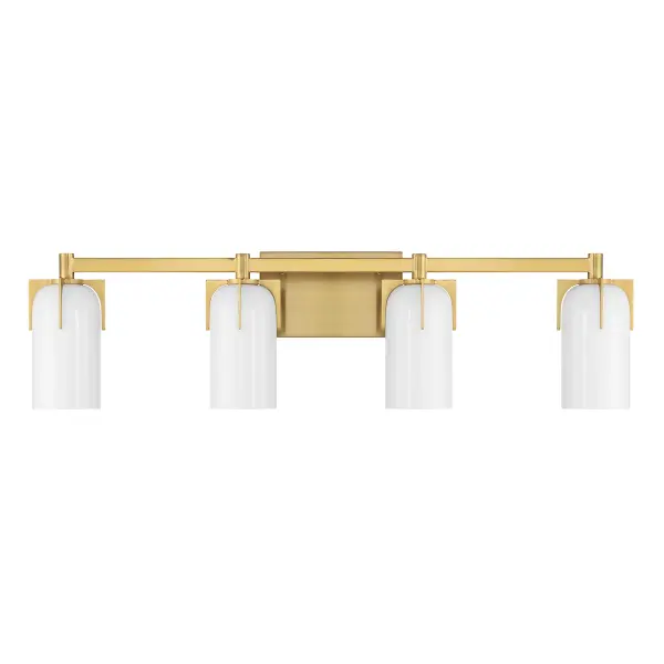 The Caldwell bath bar combines Art Deco-inspired jewelry-like prongs with warm brass finish and etched opal glass for a sophisticated vintage aesthetic. At 32 inches wide, it's perfectly sized for double vanities. - alternate view