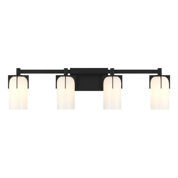 The Caldwell 4-light bath bar combines vintage charm with modern sophistication. Its distinctive prong-held etched glass shades and matte black finish create a striking focal point perfect for contemporary and transitional bathrooms.