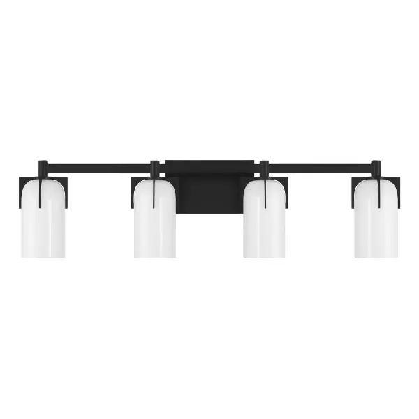 The Caldwell 4-light bath bar combines vintage charm with modern sophistication. Its distinctive prong-held etched glass shades and matte black finish create a striking focal point perfect for contemporary and transitional bathrooms. - alternate view
