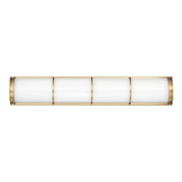 The Harper LED vanity light delivers contemporary elegance with its slim warm brass detailing and etched white glass. Integrated LED provides exceptional brightness (2550 lumens) with excellent color rendering, perfect for task lighting.