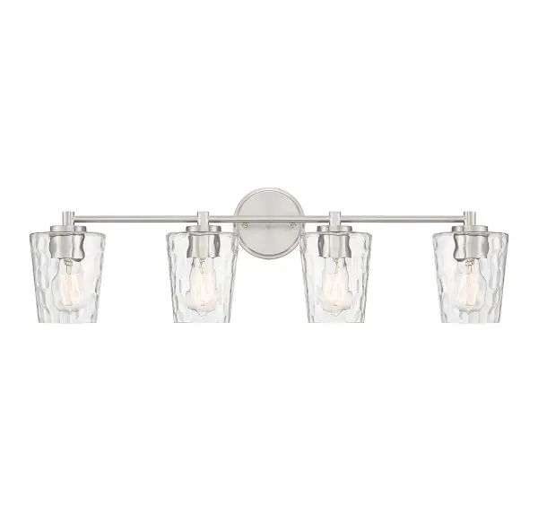 The Ballas vanity light brings organic elegance to bathroom spaces with its clear hammered glass shades that create a watery, textured effect. The satin nickel finish offers versatile appeal across design styles.
