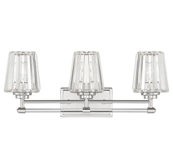 The Garnet vanity light brings sophisticated sparkle to bathroom spaces with faceted clear crystal slats and crystal tube detailing. The polished nickel finish adds a refined touch while the 24-inch width provides ample illumination for medium to large vanities. - alternate view