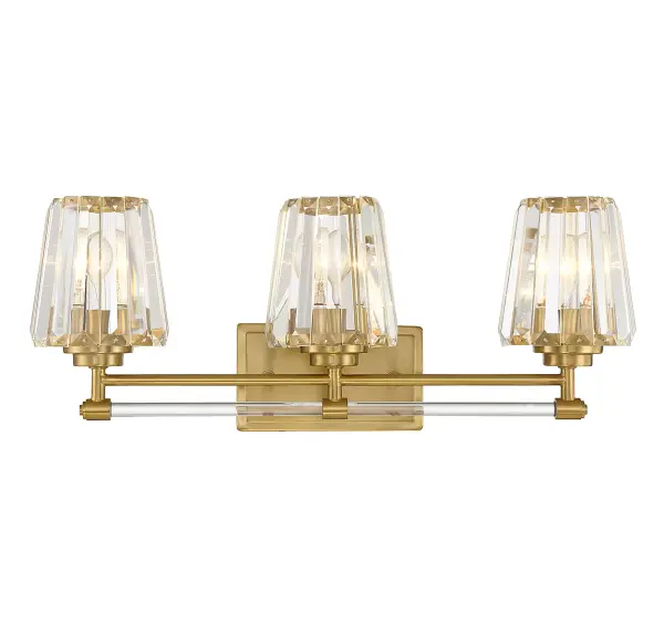 The Garnet vanity light elevates bathroom aesthetics with faceted crystal slats and warm brass finish. Its 24-inch width suits medium to large vanities, while dimmable capability allows mood customization. UL-listed for damp locations.