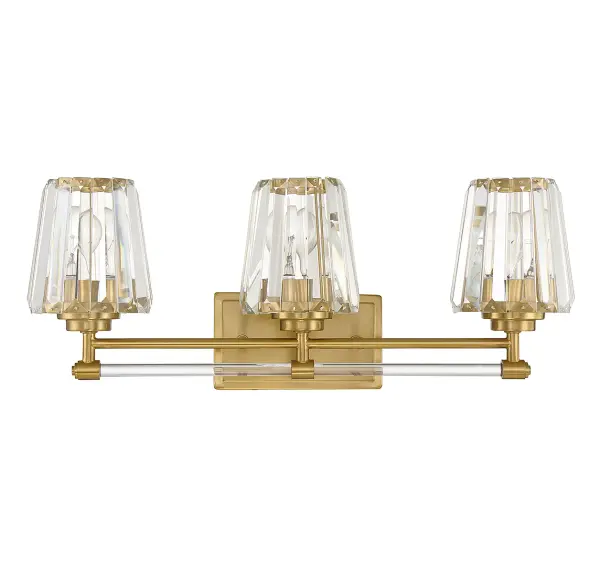The Garnet vanity light elevates bathroom aesthetics with faceted crystal slats and warm brass finish. Its 24-inch width suits medium to large vanities, while dimmable capability allows mood customization. UL-listed for damp locations. - alternate view