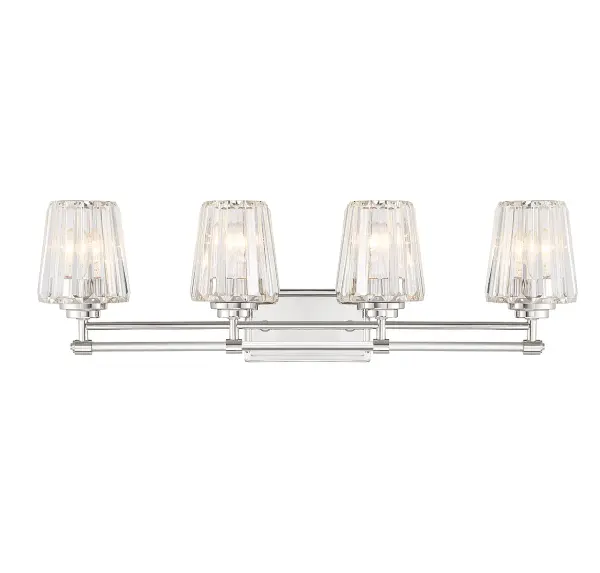 The Garnet vanity light elevates bathroom design with faceted clear crystal slats and crystal tube detailing on the arms. The polished nickel finish adds a sophisticated touch while the 32-inch width provides ample illumination for larger vanities.