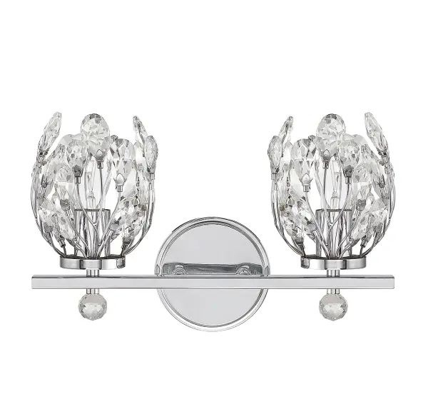 The Moreno vanity light brings a playful botanical aesthetic with crystal buds surrounding each light source. Its compact 15.5-inch width works perfectly over smaller vanities while the chrome finish ensures versatility across design schemes. - alternate view