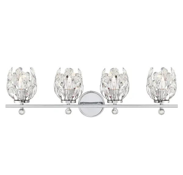 The Moreno vanity light brings a fresh, playful aesthetic to bathroom lighting with its unique crystal bud design. Chrome finish and clear crystal accents create visual interest while providing functional illumination for grooming tasks.