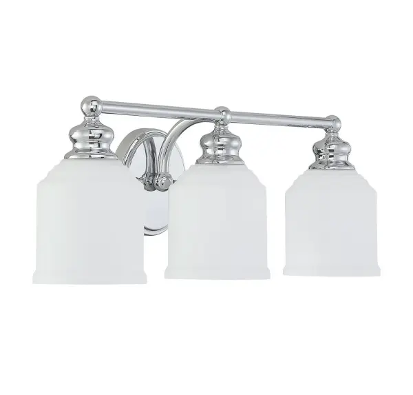 The Melrose bath bar brings timeless Americana design into contemporary bathrooms with clean lines and polished chrome finish. Its reversible mounting and white opal glass shades provide flexible, glare-free illumination. - alternate view