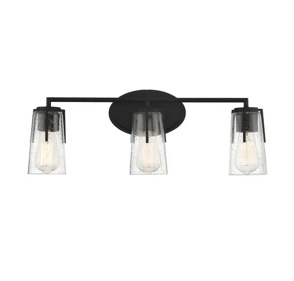 The Sacremento bath bar delivers streamlined contemporary style with its matte black finish and clear seeded glass shades. At 24 inches wide, it's perfectly sized for standard vanities while providing excellent task lighting.