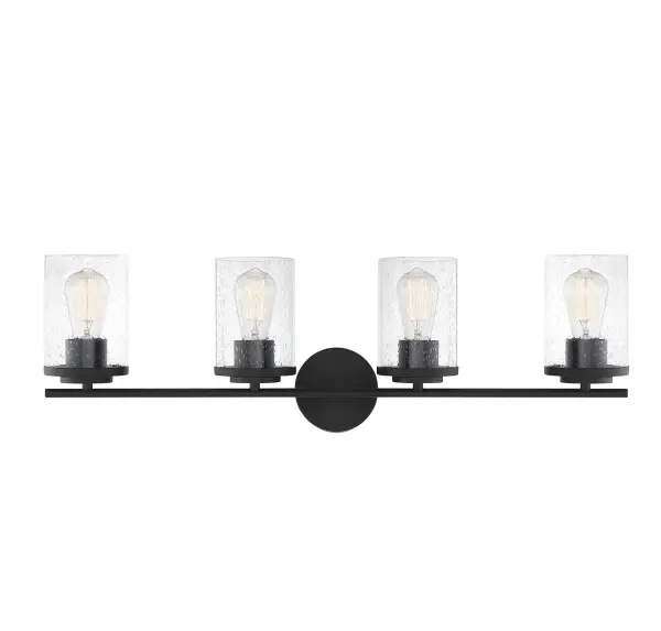 The Marshall bath bar combines timeless design with practical illumination. Clear seeded glass hurricane shades create visual interest while the matte black finish adds contemporary edge to traditional styling.