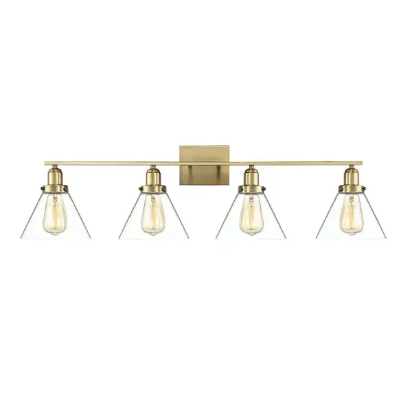 The Drake bath bar combines clean lines with warm brass hardware and exposed clear glass shades for a sophisticated yet approachable look. Its 38-inch width makes it ideal for double vanities, while the reversible mounting offers flexibility.