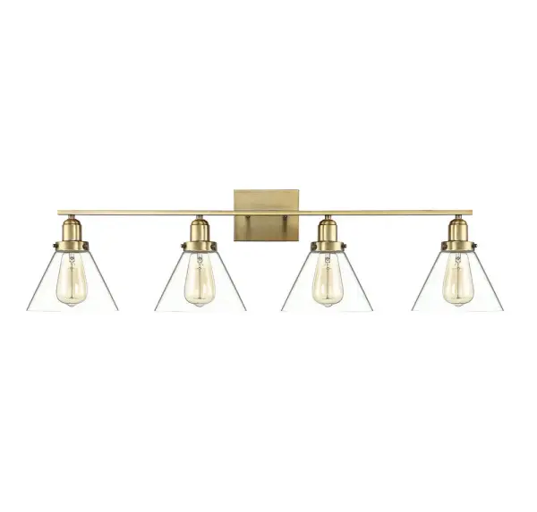 The Drake bath bar combines clean lines with warm brass hardware and exposed clear glass shades for a sophisticated yet approachable look. Its 38-inch width makes it ideal for double vanities, while the reversible mounting offers flexibility. - alternate view