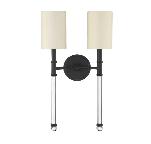The Fremont sconce combines matte black metal with clear glass accents and soft white fabric shades for a refined, versatile look. Its slender 13-inch profile works beautifully alone or in multiples across various rooms. - alternate view