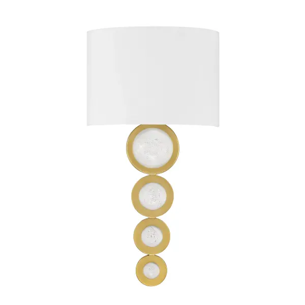The Marseille sconce brings European sophistication with its curving white fabric shade and warm brass finish. Decorative circular details add textural interest, while integrated LED provides efficient, dimmable illumination. - alternate view
