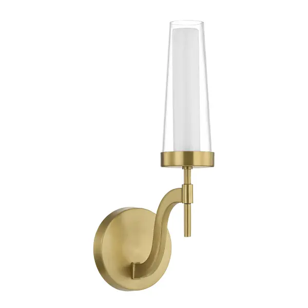 The Butler sconce brings sophisticated warmth to any space with its innovative dual-glass design and integrated LED technology. The Warm Brass finish adds timeless elegance while the energy-efficient LED provides 450 lumens of soft, dimmable light. - alternate view