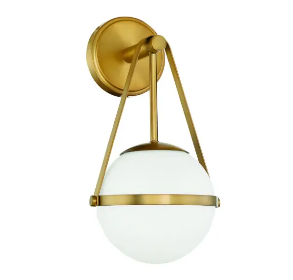 The Polson wall sconce brings sophisticated midcentury style with its opal glass orb held by a slender rod and decorative metal strap. The warm brass finish adds timeless elegance to any space. - alternate view
