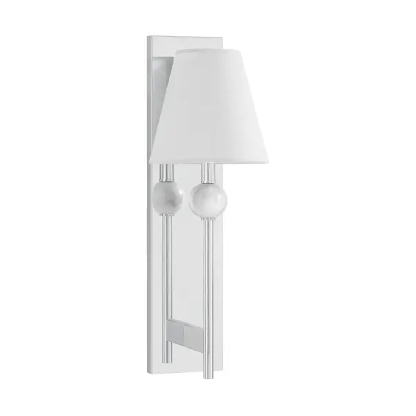 The Travis sconce combines natural white marble with dark veining, polished chrome hardware, and a white fabric shade for sophisticated ambient lighting. Each marble orb is unique, making every fixture one-of-a-kind. - alternate view