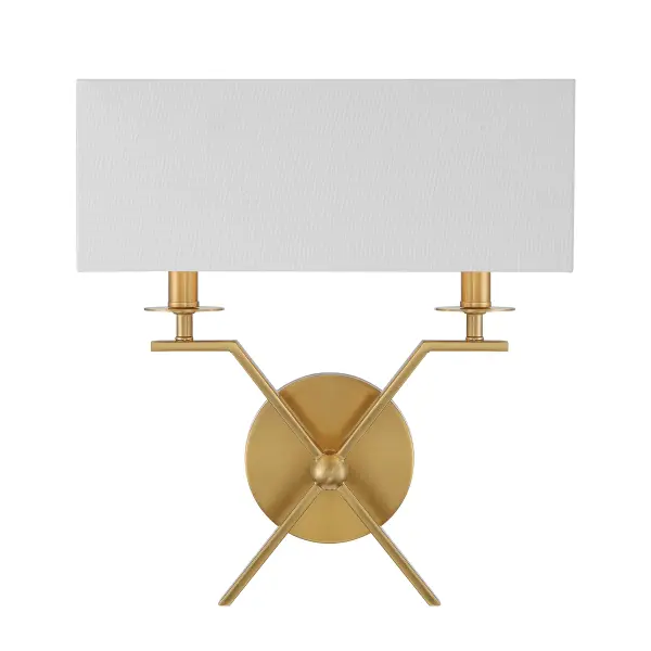 The Arondale sconce delivers refined style with its clean rectangular silhouette and warm brass finish. The white fabric shade provides soft, diffused light perfect for intimate spaces. Damp-rated for bathroom use. - alternate view
