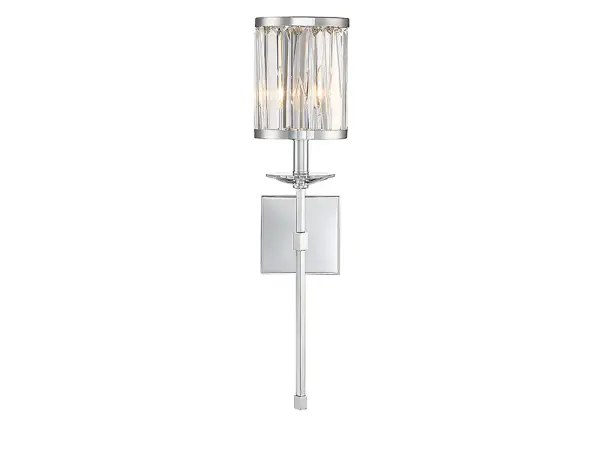The Ashbourne wall sconce masterfully combines polished chrome with rectangular clear crystals for a sophisticated look that works in both traditional and contemporary spaces. At 26 inches tall, it makes a statement without overwhelming.