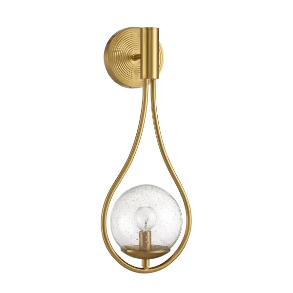 The Encino wall sconce combines a distinctive teardrop silhouette with warm brass finish and clear seeded glass for sophisticated ambient lighting. Its 20-inch height makes a statement while remaining versatile across residential and hospitality settings. - alternate view