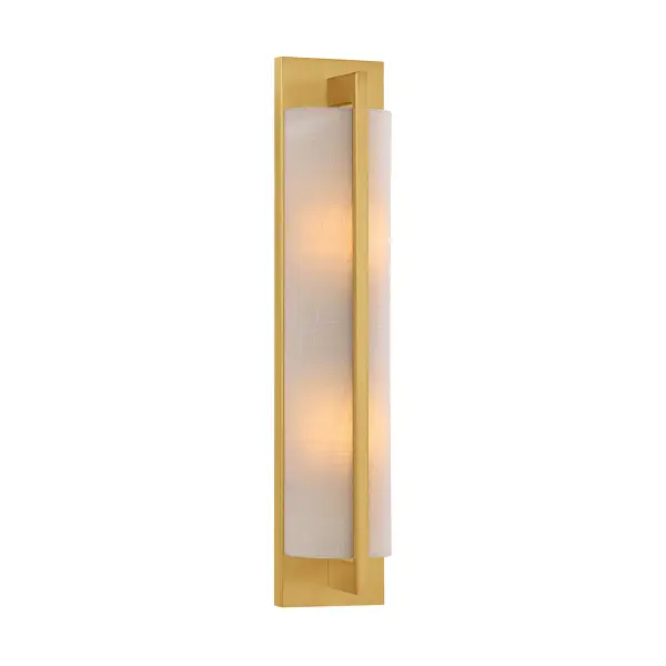 The Savoy House Carver 2-light sconce is oh so sleek and oh so chic. A long, tall white fabric shade is held to the backplate by an arm that overlaps the shade to create a sense of symmetry and is decorated with a Warm Brass finish. Carver is 22" in height, 4.5" in width and extends 4" from the wall. Uses two candelabra size bulbs of up to 40 watts per bulb. Bulbs not included. Collection: Carver Rooms: Bedroom, Billiard Room, Closet, Dining Room, Entryway, Family Room, Great Room, Kitchen, Hallway, Living Room, Office, Powder Room, Stairway, Sunroom, Lobby, Waiting Room, Media Room Finish: Warm Brass Glass: White Width: 4.50" Height: 22.00" Length: 4.00" Weight: 3.75 lb Extension from Wall: 4.00" Canopy: 22"x4.5"x0.75" Number of Bulbs: 2 Maximum Wattage: 40.00 W Bulb Base: E12 Light Source: Incandescent/LED Dimmable Voltage: 120.00 V Material: Metal, Fabric Safety Listing: ETL/CETL Safety Rating: Dry ADA LED Spec Sheet