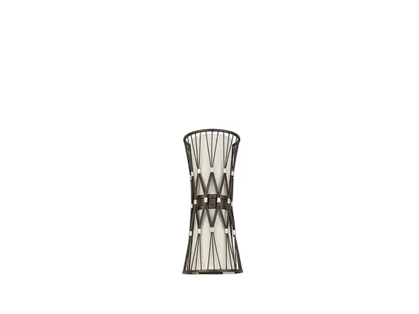 The Joliet sconce combines organic curves with an eye-catching cage of slender metal rods surrounding linen fabric shades. The rich Rumba brown finish creates warmth while the intricate pattern adds visual interest without overwhelming.