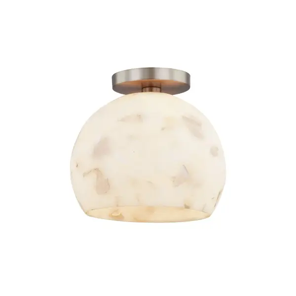 Collection: Alabaster Rocks! Finish: Brushed Brass Glass: Alabaster Rocks Width: 10.00" Height: 9.00" Canopy: 5" Dia. x 0.75" H Number of Bulbs: 1 Maximum Wattage: 60.00 W Bulb Base: E26 Voltage: 120.00 V Safety Rating: Damp