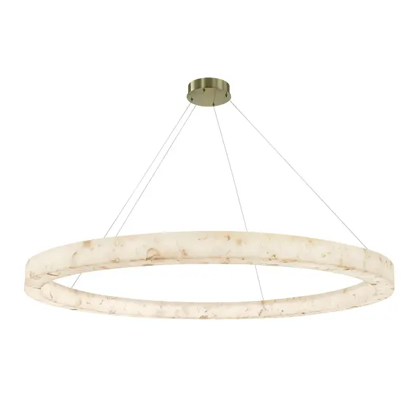 62" diameter sculptural ring pendant featuring Alabaster Rocks, where hand-selected pieces of real alabaster are cast into resin for a one of a kind appearance, when illuminated, each fixture reveals rich veining and layered color variation that feels more dynamic and expressive than solid alabaster, integrated 3000K LED delivers warm, even illumination with excellent visual comfort, dimmable functionality allows light levels to be tailored for ambiance or task lighting, brushed brass canopy adds a refined accent and elevates the overall design, sloped-ceiling compatible suspension ensures flexibility across architectural conditions, damp-location rated for use in bathrooms, covered outdoor spaces, and hospitality environments, Title 24 compliant for energy efficiency and specification confidence, available in additional ring diameters for cohesive multi-scale designs or dramatic layered installations, timeless yet contemporary aesthetic complements today's furnishings and design trends, ideal for statement lighting in residential spaces, commercial interiors, and hospitality applications such as lobbies, dining areas, conference rooms, and luxury retail environments Collection: Alabaster Rocks! Finish: Brushed Brass Glass: Alabaster Rocks Width: 62.00" Height: 3.50" Canopy: 8.5" Dia x 2" H Maximum Wattage: 92.00 W Light Source: LED Light Output: 10500.00 lm Delivered Lumens: 5300.00 lm Safety Rating: Damp LED