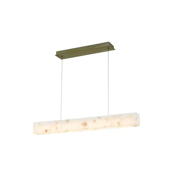 36" linear silhouette pendant delivers a clean, architectural statement ideal for modern interiors, Handcrafted "Alabaster Rocks" shade features real alabaster pieces individually selected and cast into resin, creating a one of a kind appearance with rich natural variation, When illuminated, the embedded alabaster fragments glow with depth and warmth, offering more visual movement and character than solid alabaster, integrated 3000K LED delivers warm, even illumination while remaining fully dimmable for customizable ambiance, sloped and vaulted ceiling compatible for added installation flexibility, includes (2) adjustable 120" hanging cords to accommodate a wide range of ceiling heights and layouts, Title 24 compliant and damp-location rated, making it suitable for kitchens, dining areas, corridors, offices, and hospitality spaces, brushed brass rectangular canopy adds a subtle layer of warmth and sophistication, coordinates seamlessly with matching Medley sconces and ring pendants for a cohesive lighting design, timeless, versatile design well suited for residential, commercial, and hospitality applications alike, Collection: Alabaster Rocks! Finish: Brushed Brass Glass: Alabaster Rocks Width: 3.50" Height: 3.50" Length: 36.00" Canopy: 15.5" L x 5" W x 0.75" H Maximum Wattage: 18.00 W Light Source: LED Light Output: 1920.00 lm Delivered Lumens: 1080.00 lm Voltage: 120.00 V Safety Rating: Damp LED