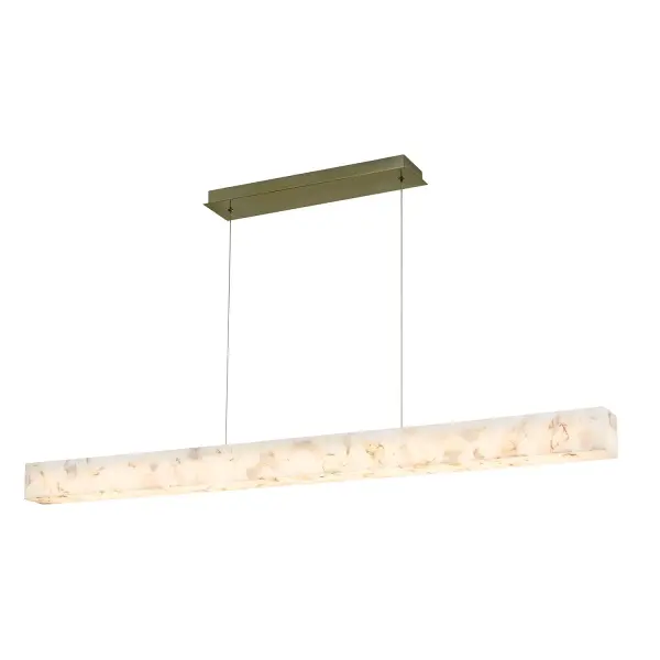 60" linear silhouette pendant delivers a clean, architectural statement ideal for modern interiors, Handcrafted "Alabaster Rocks" shade features real alabaster pieces individually selected and cast into resin, creating a one of a kind appearance with rich natural variation, When illuminated, the embedded alabaster fragments glow with depth and warmth, offering more visual movement and character than solid alabaster, integrated 3000K LED delivers warm, even illumination while remaining fully dimmable for customizable ambiance, sloped and vaulted ceiling compatible for added installation flexibility, includes (2) adjustable 120" hanging cords to accommodate a wide range of ceiling heights and layouts, Title 24 compliant and damp-location rated, making it suitable for kitchens, dining areas, corridors, offices, and hospitality spaces, brushed brass rectangular canopy adds a subtle layer of warmth and sophistication, coordinates seamlessly with matching Medley sconces and ring pendants for a cohesive lighting design, timeless, versatile design well suited for residential, commercial, and hospitality applications alike, Collection: Alabaster Rocks! Finish: Brushed Brass Glass: Alabaster Rocks Width: 3.50" Height: 3.50" Length: 60.00" Canopy: 20.75" L x 5" W x 0.75" H Maximum Wattage: 30.00 W Light Source: LED Light Output: 3000.00 lm Delivered Lumens: 1630.00 lm Voltage: 120.00 V Safety Rating: Damp LED