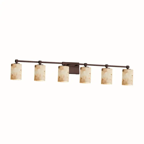 Collection: Alabaster Rocks Finish: Dark Bronze Glass: Shaved Alabaster Rocks Cast Into Resin Width: 48.50" Height: 7.75" Extension from Wall: 5.50" Top to Outlet: 5.50" Number of Bulbs: 6 Maximum Wattage: 60.00 W Bulb Type: B13 Torpedo Safety Listing: UL Safety Rating: Damp