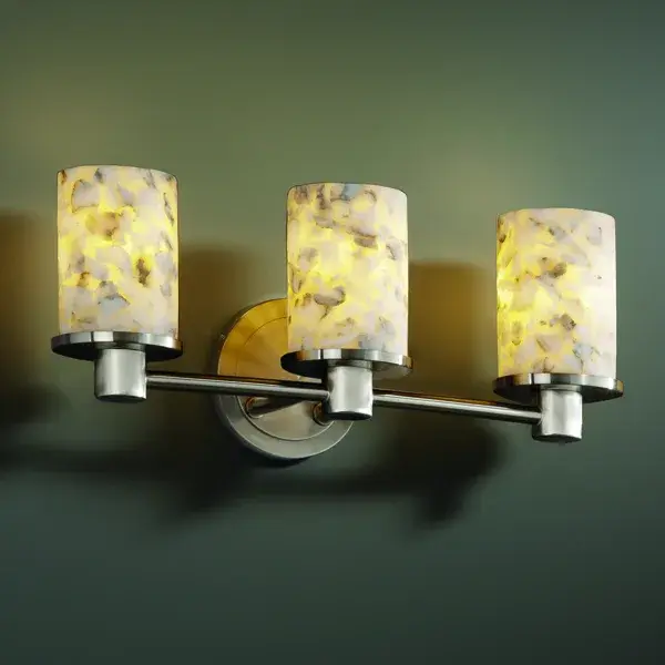 Primary Shade Material: Shaved Alabaster Rocks Cast Into Resin Collection: Alabaster Rocks Finish: Brushed Nickel Glass: Shaved Alabaster Rocks Cast Into Resin Notes: Primary Shade Material: Shaved Alabaster Rocks Cast Into Resin Width: 20.00" Height: 8.00" Extension from Wall: 6.75" Top to Outlet: 5.50" Number of Bulbs: 3 Maximum Wattage: 60.00 W Bulb Type: B13 Torpedo Bulb Base: Medium Light Source: Incandescent Safety Listing: Damp Safety Rating: Damp