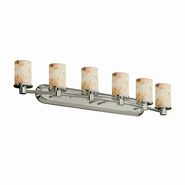 Collection: Alabaster Rocks Finish: Brushed Nickel Glass: Shaved Alabaster Rocks Cast Into Resin Width: 43.75" Height: 8.00" Extension from Wall: 9.25" Top to Outlet: 5.50" Number of Bulbs: 6 Maximum Wattage: 60.00 W Bulb Type: B13 Torpedo Safety Listing: Damp Safety Rating: Damp
