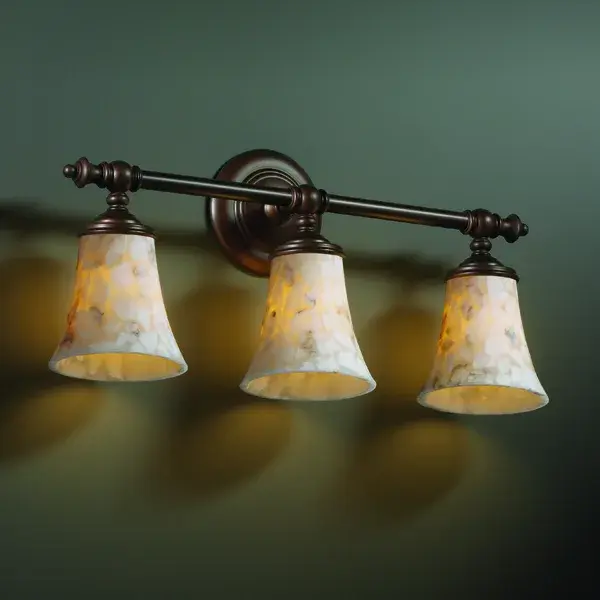 Primary Shade Material: Shaved Alabaster Rocks Cast Into Resin Collection: Alabaster Rocks Finish: Dark Bronze Glass: Shaved Alabaster Rocks Cast Into Resin Notes: Primary Shade Material: Shaved Alabaster Rocks Cast Into Resin Width: 22.75" Height: 10.50" Extension from Wall: 6.25" Top to Outlet: 7.75" Number of Bulbs: 3 Maximum Wattage: 60.00 W Bulb Type: B13 Torpedo Bulb Base: Medium Light Source: Incandescent Safety Listing: Damp Safety Rating: Damp