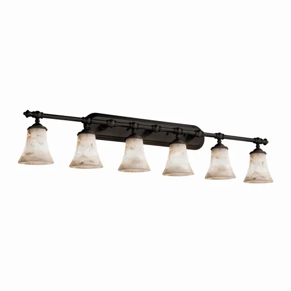Collection: Alabaster Rocks Finish: Dark Bronze Glass: Shaved Alabaster Rocks Cast Into Resin Width: 48.00" Height: 10.50" Extension from Wall: 6.25" Top to Outlet: 7.75" Number of Bulbs: 6 Maximum Wattage: 60.00 W Bulb Type: B13 Torpedo Safety Listing: Damp Safety Rating: Damp