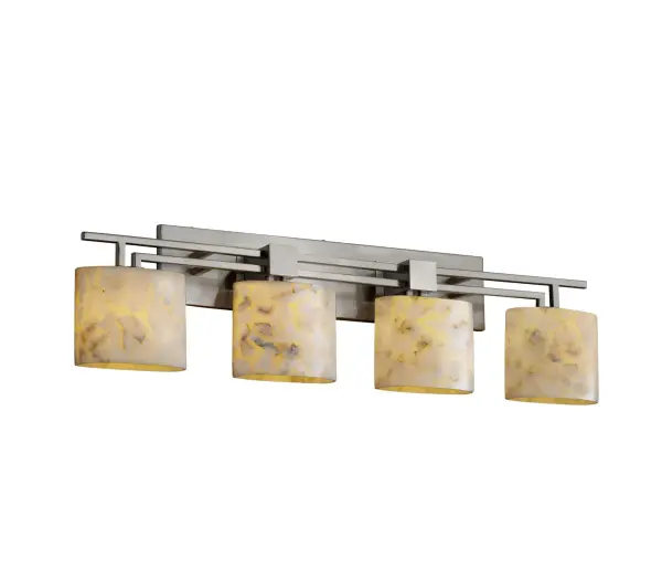 Collection: Alabaster Rocks Finish: Brushed Nickel Glass: Shaved Alabaster Rocks Cast Into Resin Notes: This fixture can be installed as an uplight or downlight. Also available in Brushed Nickel, Matte Black, Polished Chrome finish. Width: 36.50" Height: 9.75" Length: 36.50" Extension from Wall: 5.25" Top to Outlet: 7.25" Number of Bulbs: 4 Maximum Wattage: 60.00 W Bulb Type: B13 Torpedo Bulb Base: Medium Light Source: Incandescent Safety Listing: Damp Safety Rating: Damp