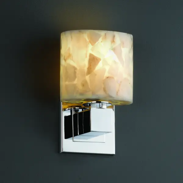 Primary Shade Material: Shaved Alabaster Rocks Cast Into Resin Collection: Alabaster Rocks Finish: Polished Chrome Glass: Shaved Alabaster Rocks Cast Into Resin Notes: Primary Shade Material: Shaved Alabaster Rocks Cast Into Resin Width: 6.50" Height: 9.75" Extension from Wall: 4.00" Top to Outlet: 7.25" Number of Bulbs: 1 Maximum Wattage: 60.00 W Bulb Type: B13 Torpedo Bulb Base: Medium Light Source: Incandescent Safety Listing: Damp Safety Rating: Damp ADA