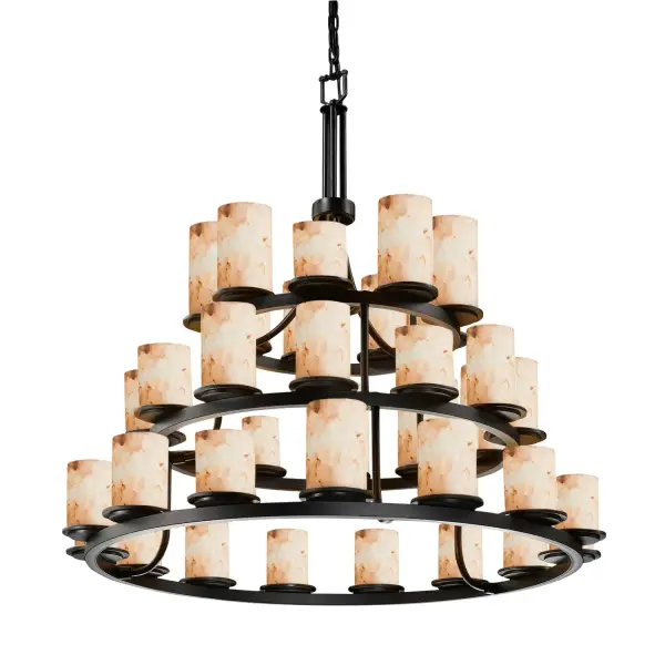 Collection: Alabaster Rocks Finish: Dark Bronze Glass: Shaved Alabaster Rocks Cast Into Resin Notes: Includes 6 ft. of chain and 10 ft. of wire. Also available in Matte Black finish. Width: 42.00" Height: 42.00" Chain: 6` Wire: 10` Canopy: 1" H x 5.25" Dia. Number of Bulbs: 36 Maximum Wattage: 40.00 W Bulb Type: BA9 Torpedo Bulb Base: Bayonet Light Source: LED Safety Listing: Damp Safety Rating: Damp Energy Efficient
