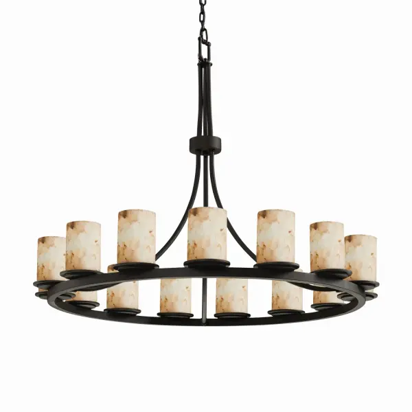 Collection: Alabaster Rocks Finish: Matte Black Glass: Shaved Alabaster Rocks Cast Into Resin Notes: Includes 6 ft. of chain and 10 ft. of wire. Also available in Matte Black finish. Width: 60.00" Height: 34.00" Chain: 6` Wire: 10` Canopy: 1" H x 5.25" Dia. Number of Bulbs: 21 Maximum Wattage: 60.00 W Bulb Type: BA9 Torpedo Bulb Base: Bayonet Light Source: LED Safety Listing: Damp Safety Rating: Damp Energy Efficient