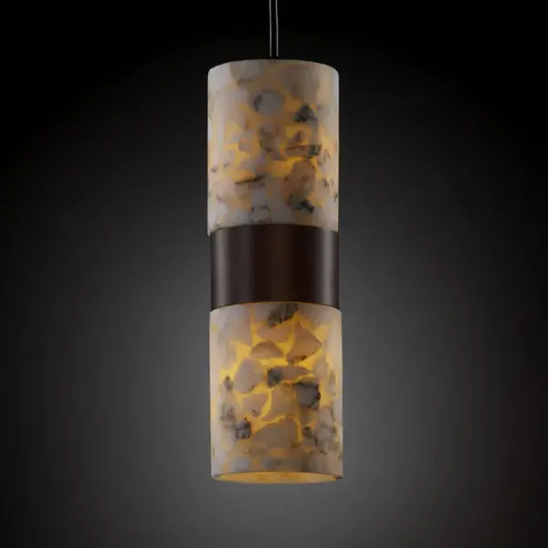 Primary shade is shaved alabaster rocks Collection: Alabaster Rocks Finish: Dark Bronze Glass: Shaved Alabaster Rocks Cast Into Resin Notes: Primary shade is shaved alabaster rocks Width: 4.00" Height: 13.50" Canopy: .75" H x 5" Dia. Number of Bulbs: 2 Maximum Wattage: 40.00 W Bulb Base: Bayonet Light Source: LED Safety Listing: Damp Safety Rating: Damp Energy Efficient