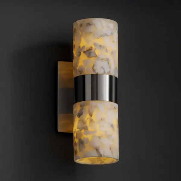 Primary shade is shaved alabaster rocks Collection: Alabaster Rocks Finish: Brushed Nickel Glass: Shaved Alabaster Rocks Cast Into Resin Notes: Primary shade is shaved alabaster rocks Width: 5.00" Height: 13.00" Extension from Wall: 6.00" Top to Outlet: 5.75" Number of Bulbs: 2 Maximum Wattage: 60.00 W Bulb Type: BA9 Torpedo Bulb Base: Bayonet Light Source: LED Safety Listing: Damp Safety Rating: Damp Energy Efficient
