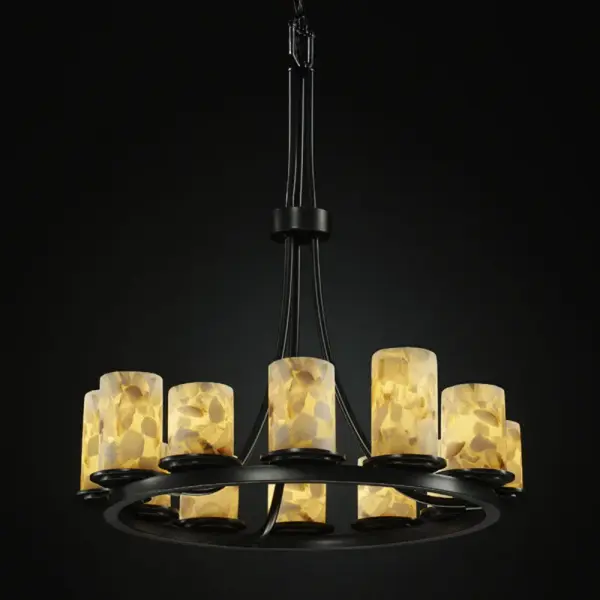 Shaved Alabaster Rocks Shade Collection: Alabaster Rocks Finish: Matte Black Glass: Shaved Alabaster Rocks Cast Into Resin Notes: Shaved Alabaster Rocks Shade Width: 28.00" Height: 33.00" Chain: 6` Wire: 10` Canopy: .75" H x 5" Dia. Number of Bulbs: 12 Maximum Wattage: 60.00 W Bulb Type: BA9 Torpedo Bulb Base: Bayonet Light Source: LED Safety Listing: Damp Safety Rating: Damp Energy Efficient