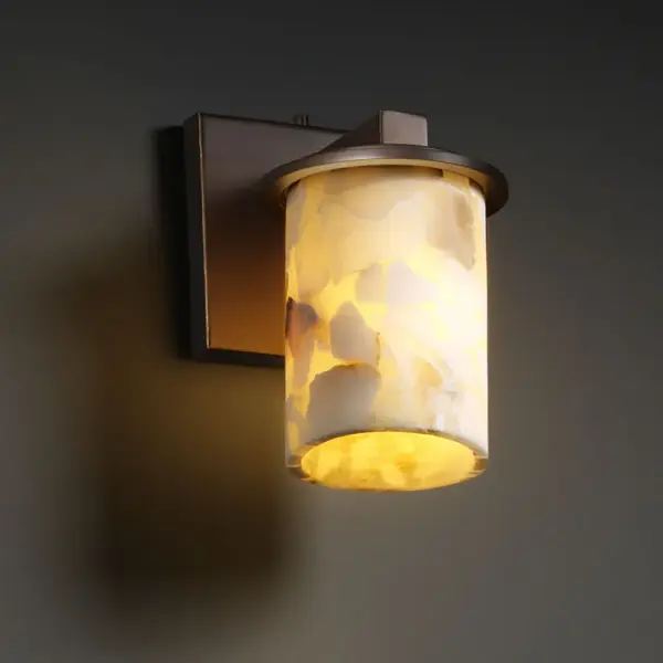 Shaved Alabaster Rocks Shade Collection: Alabaster Rocks Finish: Dark Bronze Glass: Shaved Alabaster Rocks Cast Into Resin Notes: Shaved Alabaster Rocks Shade Width: 5.00" Height: 8.00" Extension from Wall: 6.25" Top to Outlet: 5.50" Number of Bulbs: 1 Maximum Wattage: 60.00 W Bulb Type: BA9 Torpedo Bulb Base: Bayonet Light Source: LED Safety Listing: Damp Safety Rating: Damp Energy Efficient