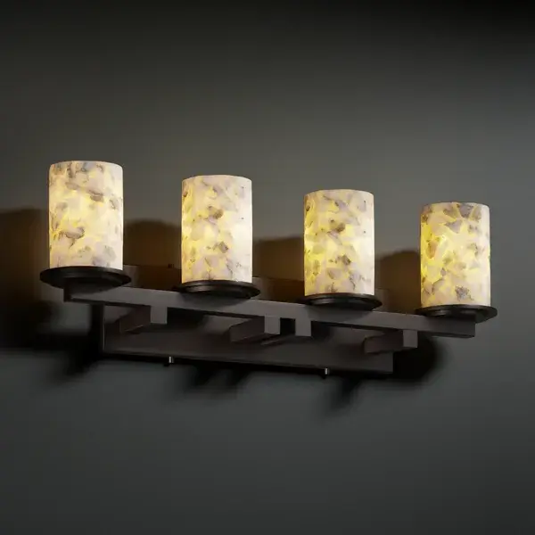 Primary Shade Material: Shaved Alabaster Rocks Cast Into Resin Collection: Alabaster Rocks Finish: Dark Bronze Glass: Shaved Alabaster Rocks Cast Into Resin Notes: Primary Shade Material: Shaved Alabaster Rocks Cast Into Resin Width: 29.00" Height: 9.00" Extension from Wall: 6.25" Top to Outlet: 6.50" Number of Bulbs: 4 Maximum Wattage: 60.00 W Bulb Type: BA9 Torpedo Bulb Base: Bayonet Light Source: LED Safety Listing: Damp Safety Rating: Damp Energy Efficient