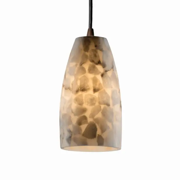 Collection: Alabaster Rocks Finish: Dark Bronze Glass: Shaved Alabaster Rocks Cast Into Resin Notes: Each shade includes 8 ft. of Black or White cord for adjustable drops. Also available in Brushed Nickel, Matte Black, Antique Brass, Polished Chrome finish. Width: 4.50" Height: 8.00" Wire: 8` Canopy: .75" H x 5.25" Dia. Number of Bulbs: 1 Maximum Wattage: 40.00 W Bulb Type: B13 Torpedo Bulb Base: Medium Light Source: Incandescent Safety Listing: Damp Safety Rating: Damp